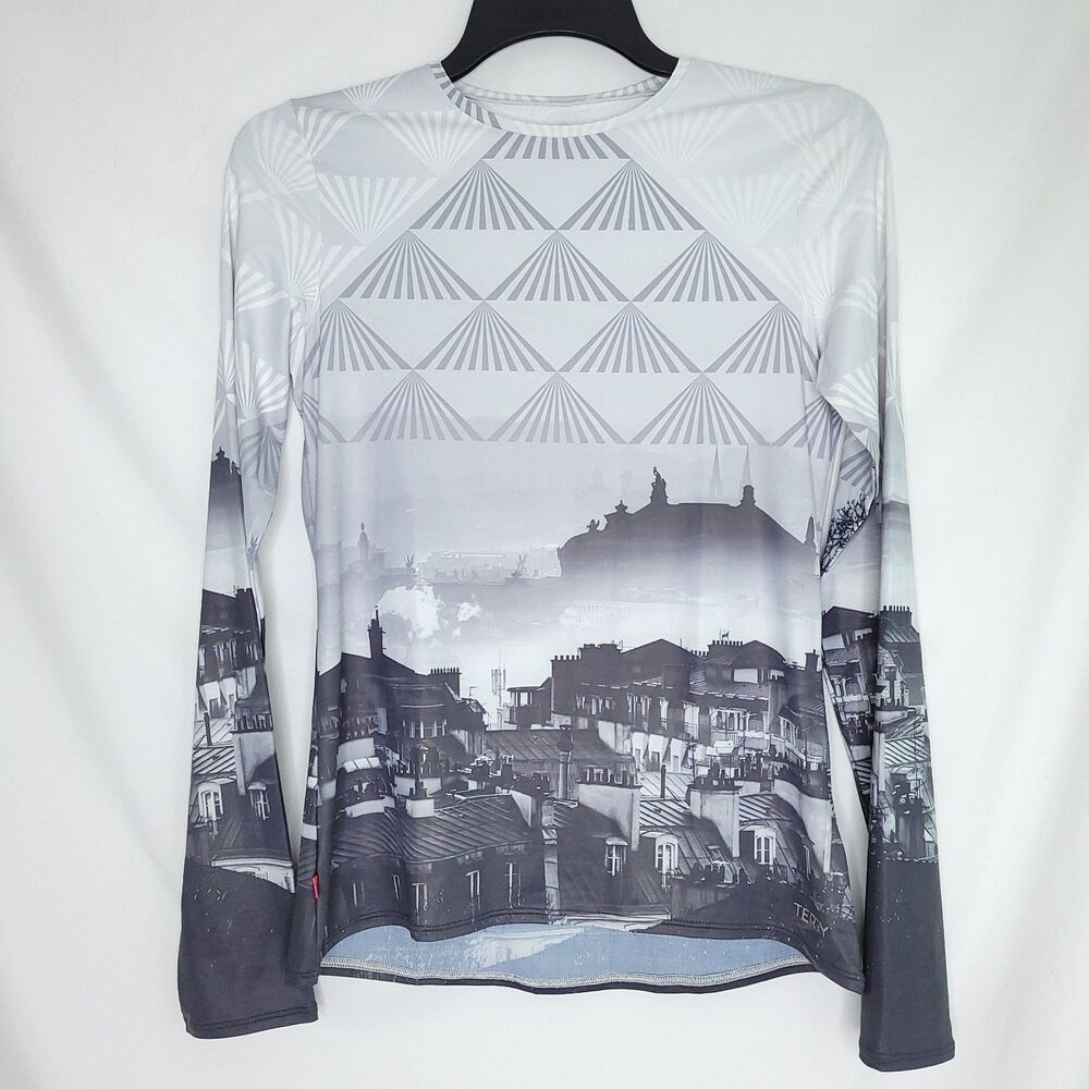 Terry Women’s Cycling Jersey S Long Sleeve Athletic Fit Pockets Gray Print